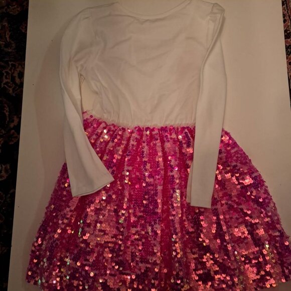 Sequin-skirt dress white pink butterfly H&M NWOT long sleeves size 6-8 - Picture 2 of 3